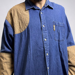 Columbia blue denim shirt with tan patches