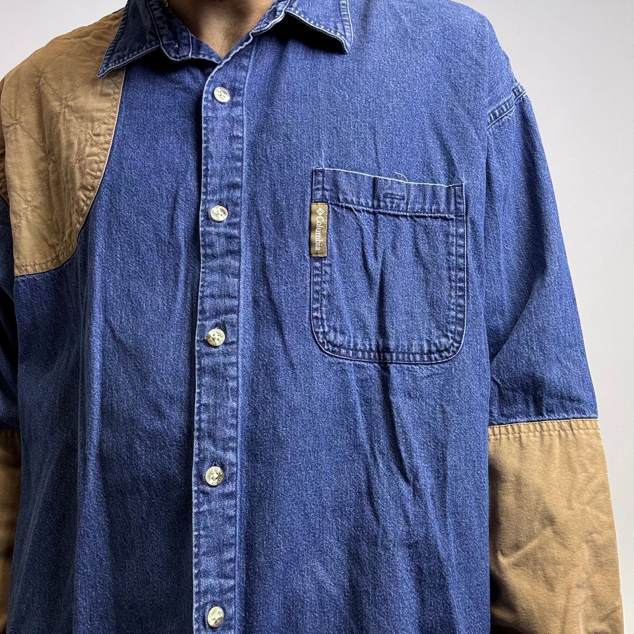 Columbia blue denim shirt with tan patches