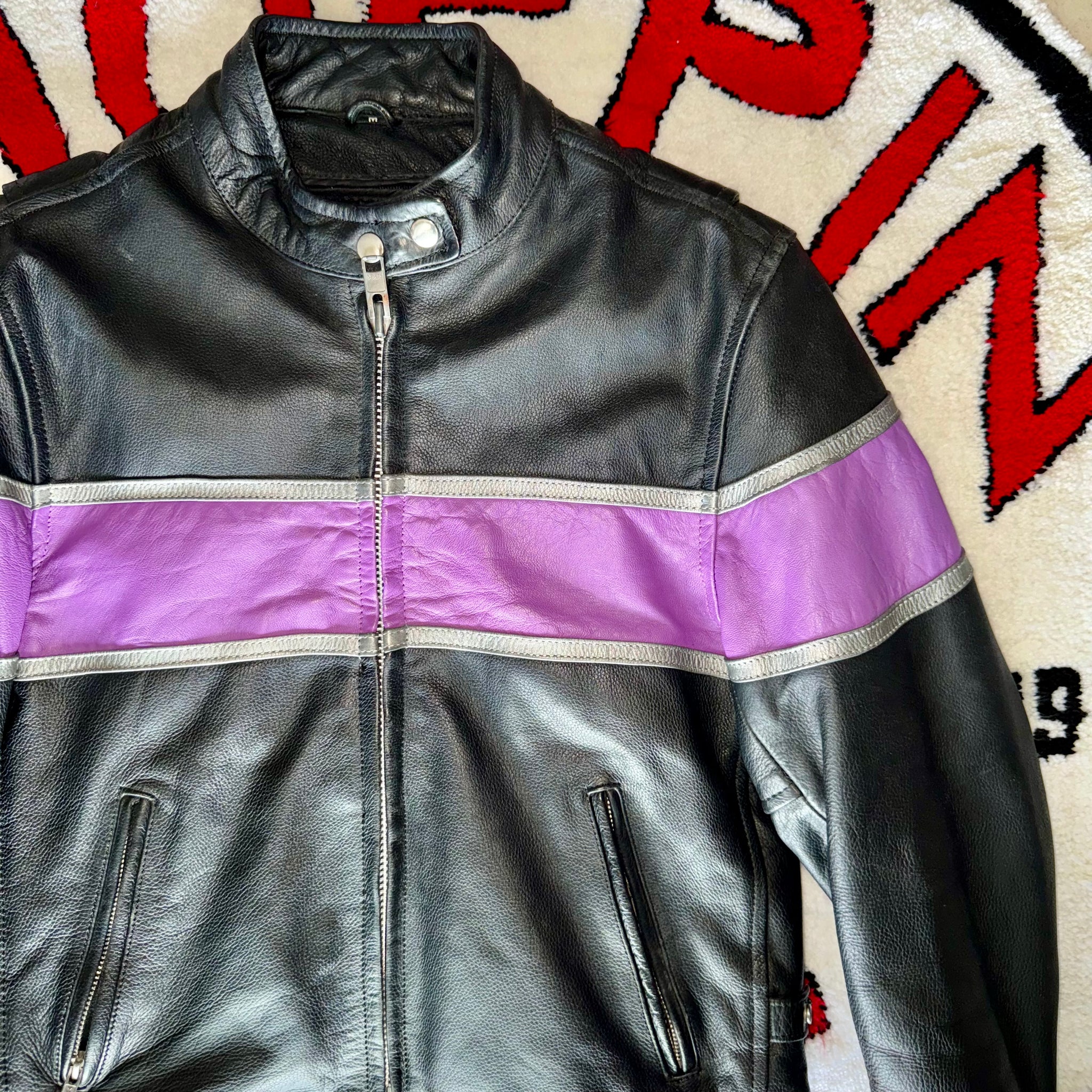 UNIK Black & Purple Women’s Leather Motorcycle Jacket Size Medium