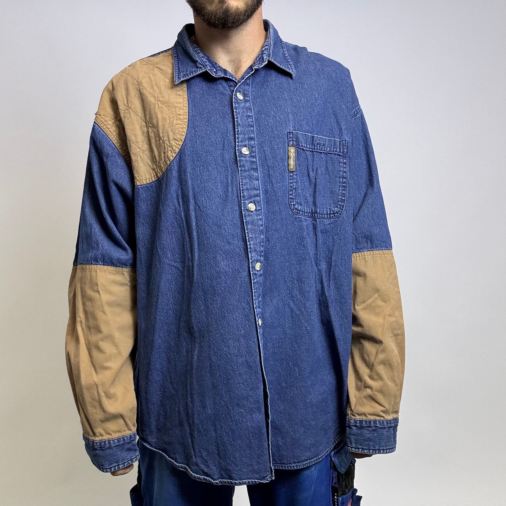 Columbia blue denim shirt with tan patches