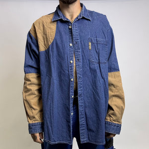 Columbia blue denim shirt with tan patches