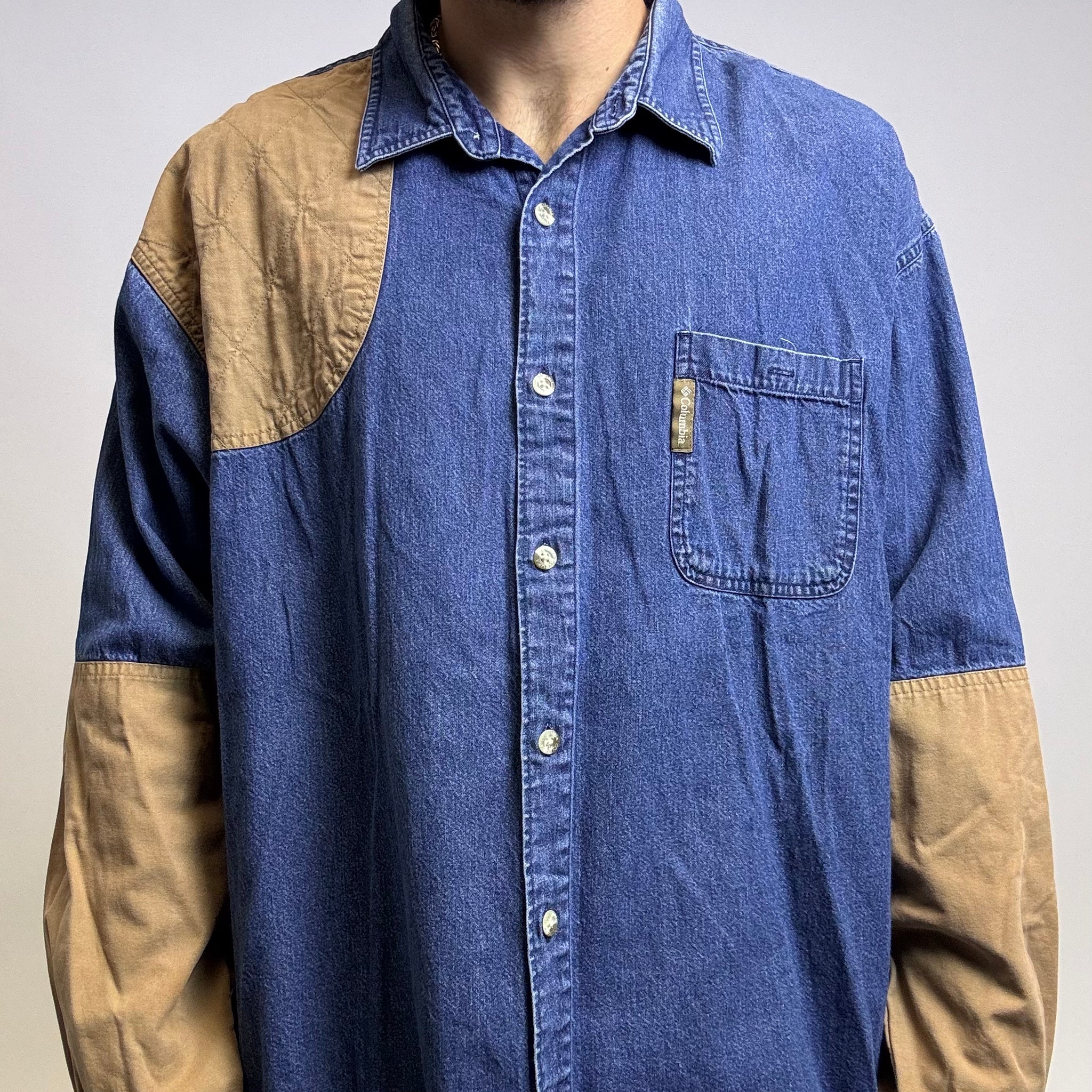 Columbia blue denim shirt with tan patches